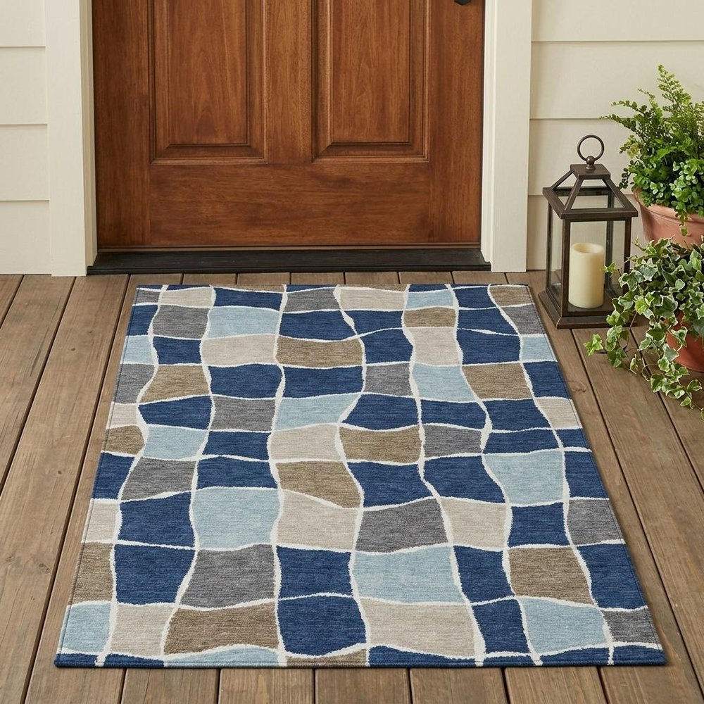 3' X 5' Navy Blue And Blue Geometric Washable Indoor Outdoor Area Rug HomeRoots