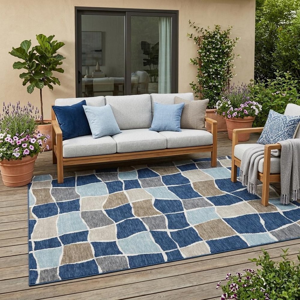 5' X 8' Navy Blue And Blue Geometric Washable Indoor Outdoor Area Rug HomeRoots