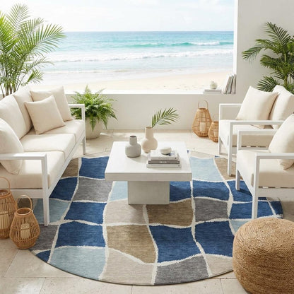 8' Navy Blue And Blue Round Geometric Washable Indoor Outdoor Area Rug HomeRoots