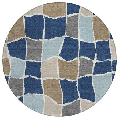 8' Navy Blue And Blue Round Geometric Washable Indoor Outdoor Area Rug HomeRoots