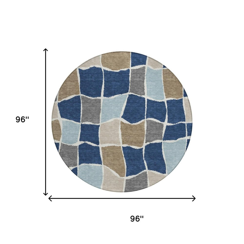 8' Navy Blue And Blue Round Geometric Washable Indoor Outdoor Area Rug HomeRoots