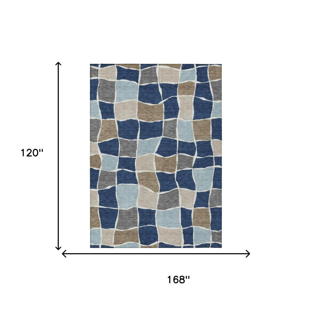10' X 14' Navy Blue And Blue Geometric Washable Indoor Outdoor Area Rug HomeRoots