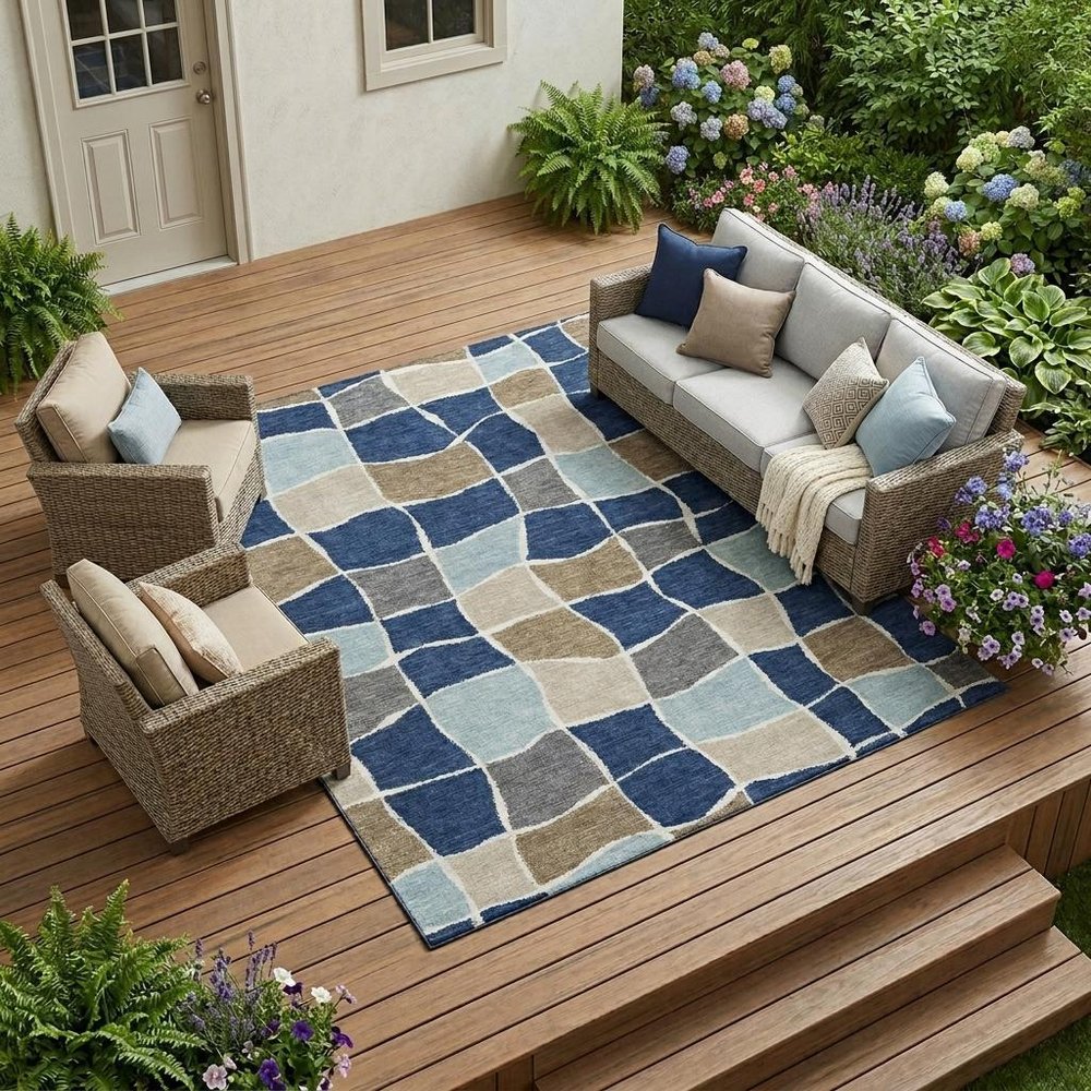 10' X 14' Navy Blue And Blue Geometric Washable Indoor Outdoor Area Rug HomeRoots