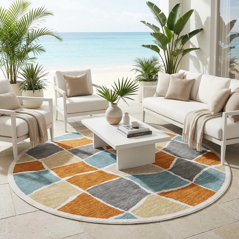 8' Orange And Graphite Round Geometric Washable Indoor Outdoor Area Rug HomeRoots