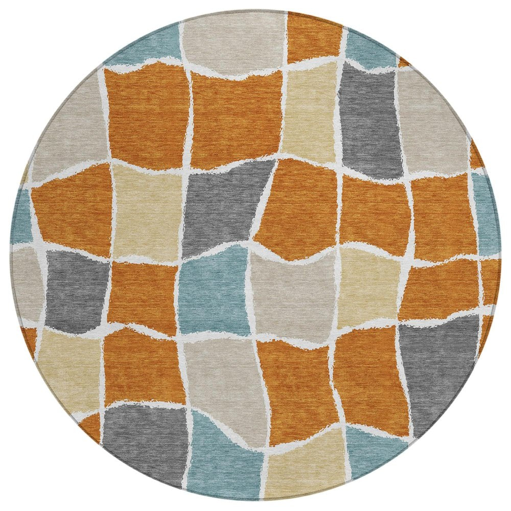 8' Orange And Graphite Round Geometric Washable Indoor Outdoor Area Rug HomeRoots