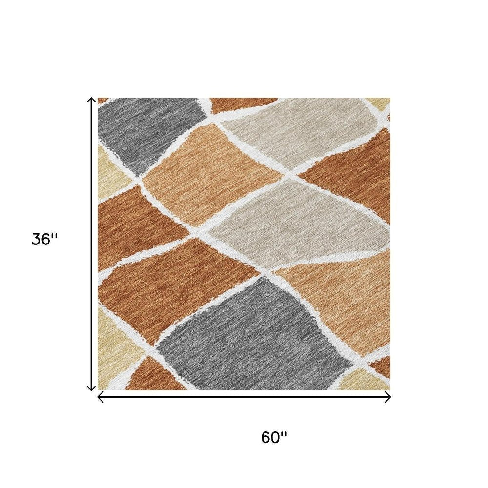 3' X 5' Orange And Beige Geometric Washable Indoor Outdoor Area Rug HomeRoots