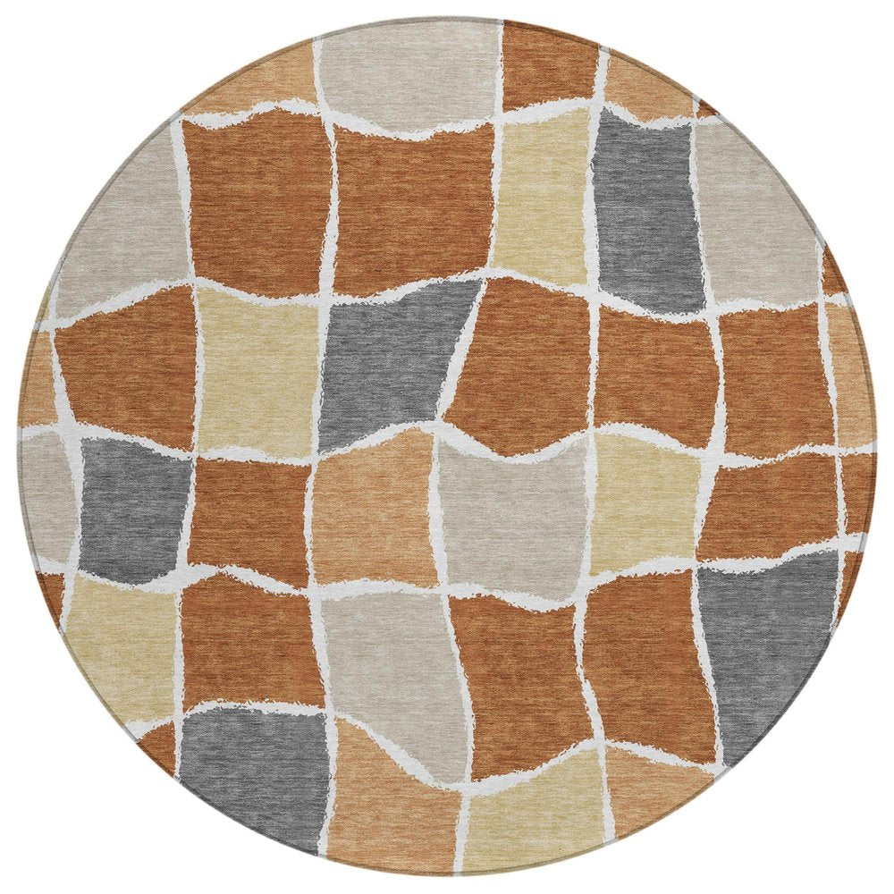 8' Orange And Beige Round Geometric Washable Indoor Outdoor Area Rug HomeRoots