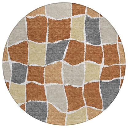 8' Orange And Beige Round Geometric Washable Indoor Outdoor Area Rug HomeRoots