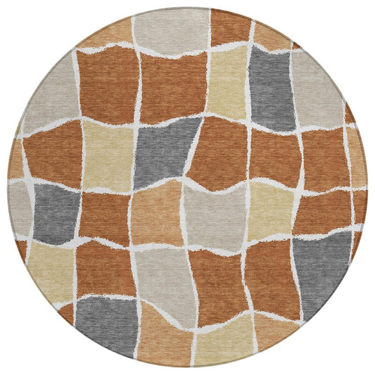8' Orange And Beige Round Geometric Washable Indoor Outdoor Area Rug