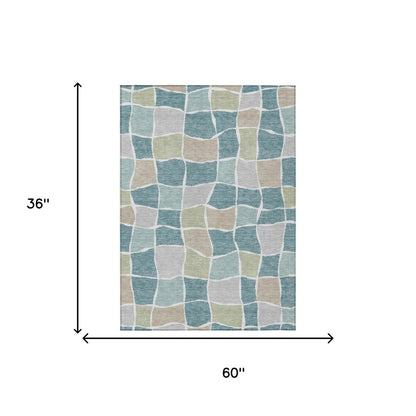 3' X 5' Teal Blue And Silver Geometric Washable Indoor Outdoor Area Rug