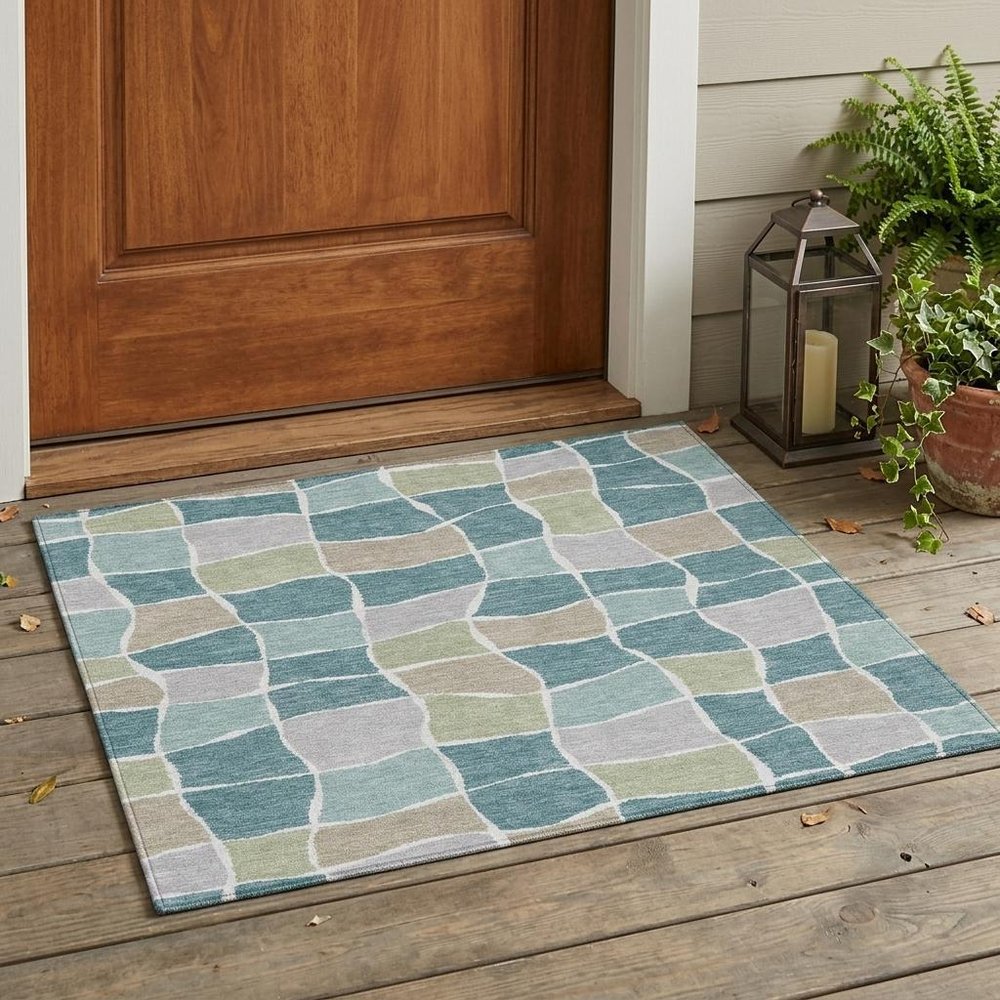 3' X 5' Teal Blue And Silver Geometric Washable Indoor Outdoor Area Rug HomeRoots