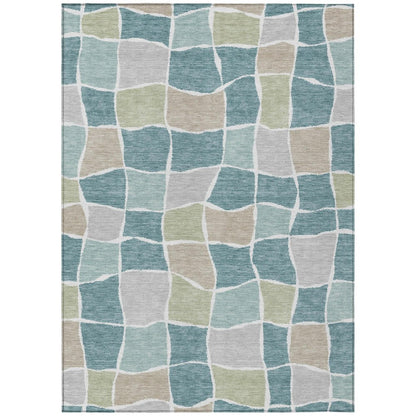 3' X 5' Teal Blue And Silver Geometric Washable Indoor Outdoor Area Rug