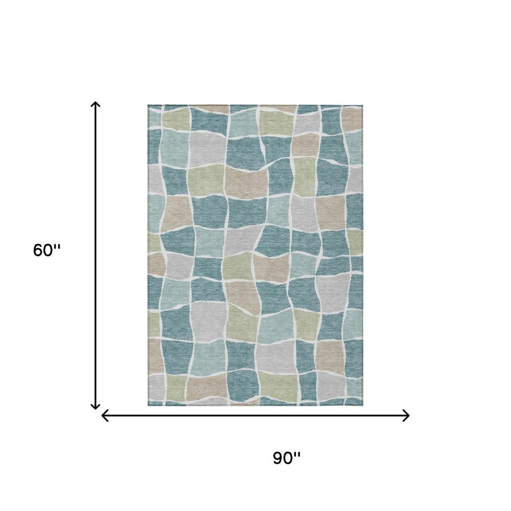 5' X 8' Teal Blue And Silver Geometric Washable Indoor Outdoor Area Rug HomeRoots