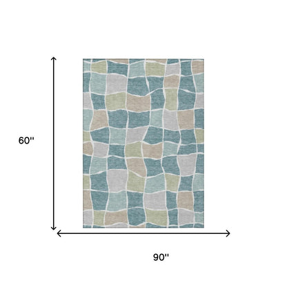 5' X 8' Teal Blue And Silver Geometric Washable Indoor Outdoor Area Rug HomeRoots