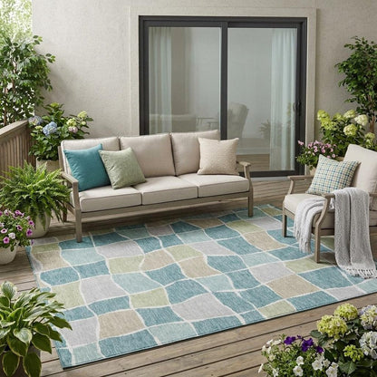 5' X 8' Teal Blue And Silver Geometric Washable Indoor Outdoor Area Rug HomeRoots