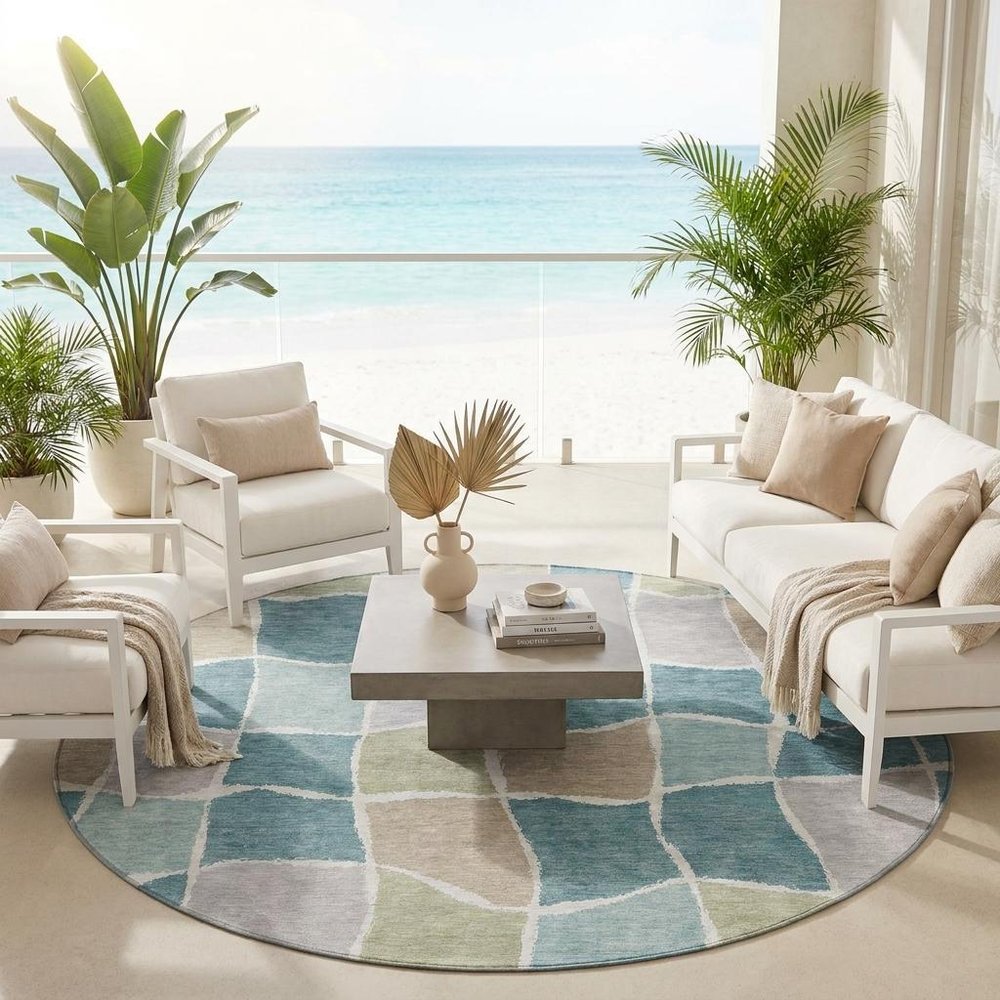 8' Teal Blue And Silver Round Geometric Washable Indoor Outdoor Area Rug HomeRoots