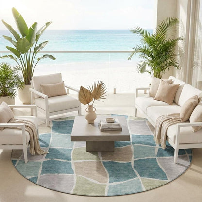 8' Teal Blue And Silver Round Geometric Washable Indoor Outdoor Area Rug HomeRoots