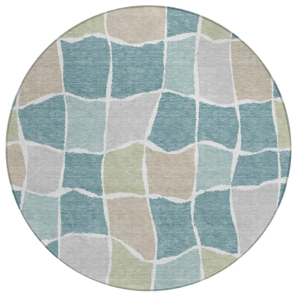 8' Teal Blue And Silver Round Geometric Washable Indoor Outdoor Area Rug HomeRoots