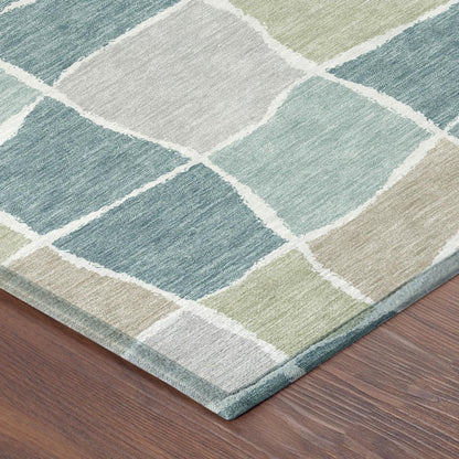 8' Teal Blue And Silver Round Geometric Washable Indoor Outdoor Area Rug HomeRoots