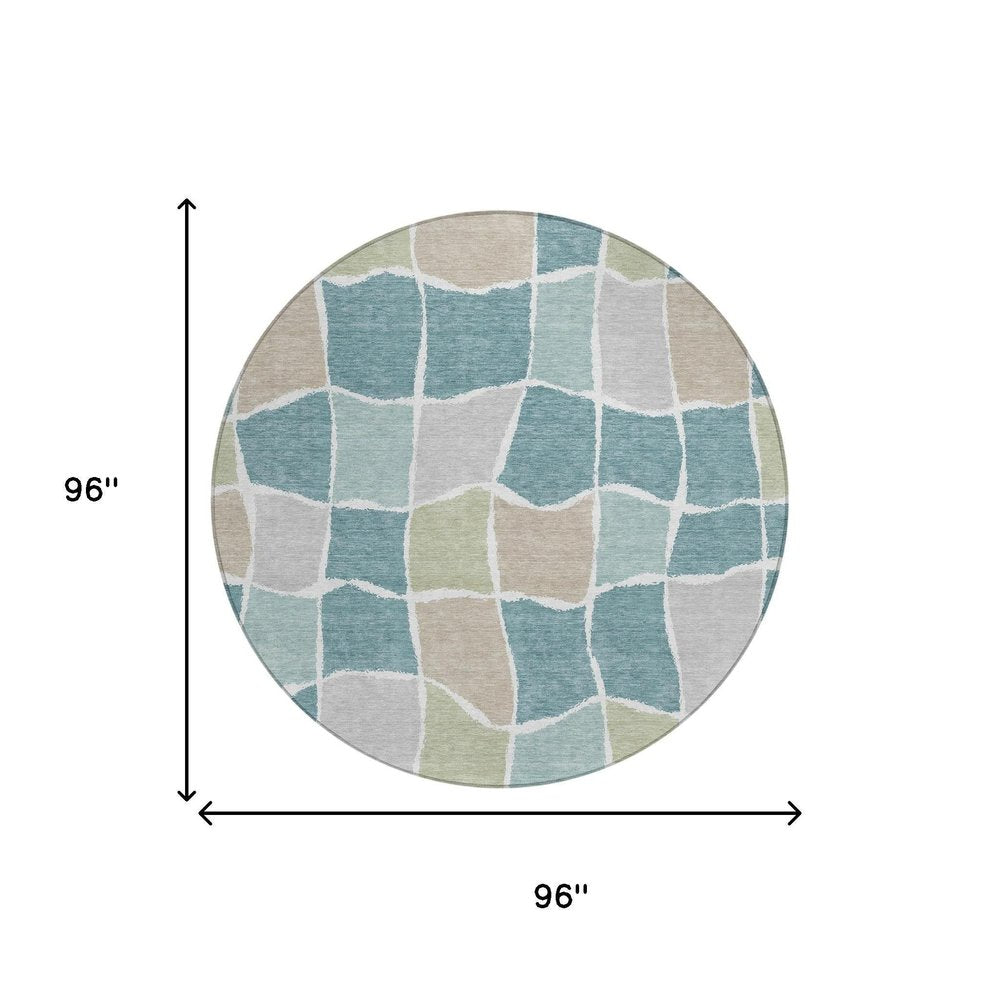 8' Teal Blue And Silver Round Geometric Washable Indoor Outdoor Area Rug HomeRoots