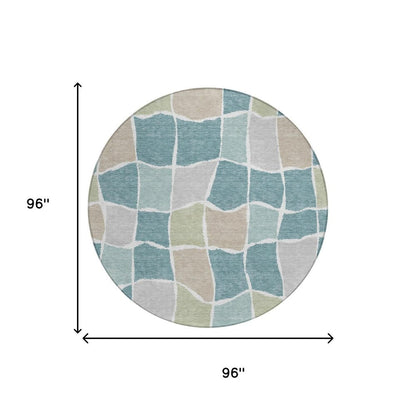 8' Teal Blue And Silver Round Geometric Washable Indoor Outdoor Area Rug HomeRoots