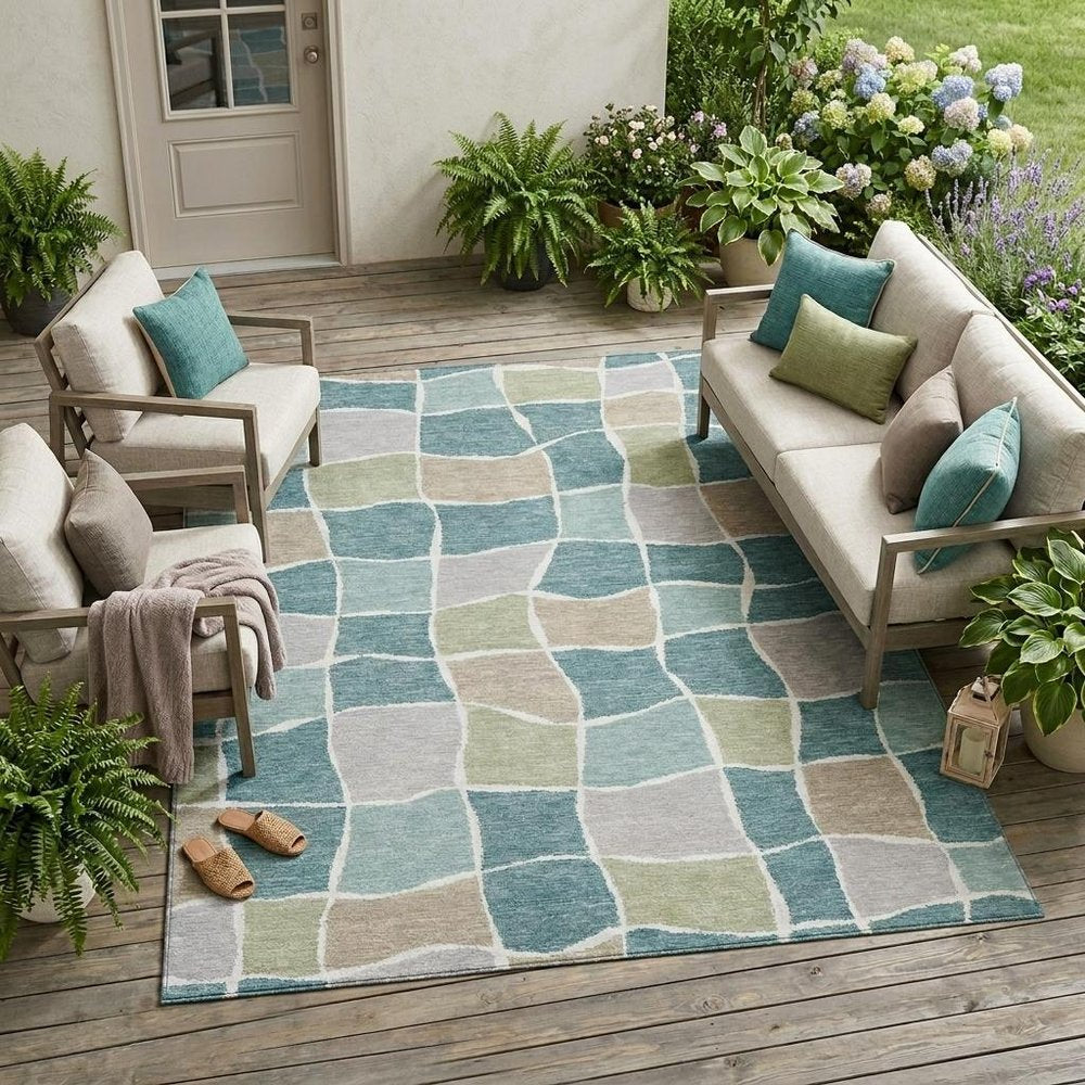 9' X 12' Teal Blue And Silver Geometric Washable Indoor Outdoor Area Rug HomeRoots