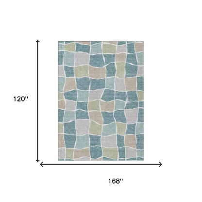 10' X 14' Teal Blue And Silver Geometric Washable Indoor Outdoor Area Rug HomeRoots