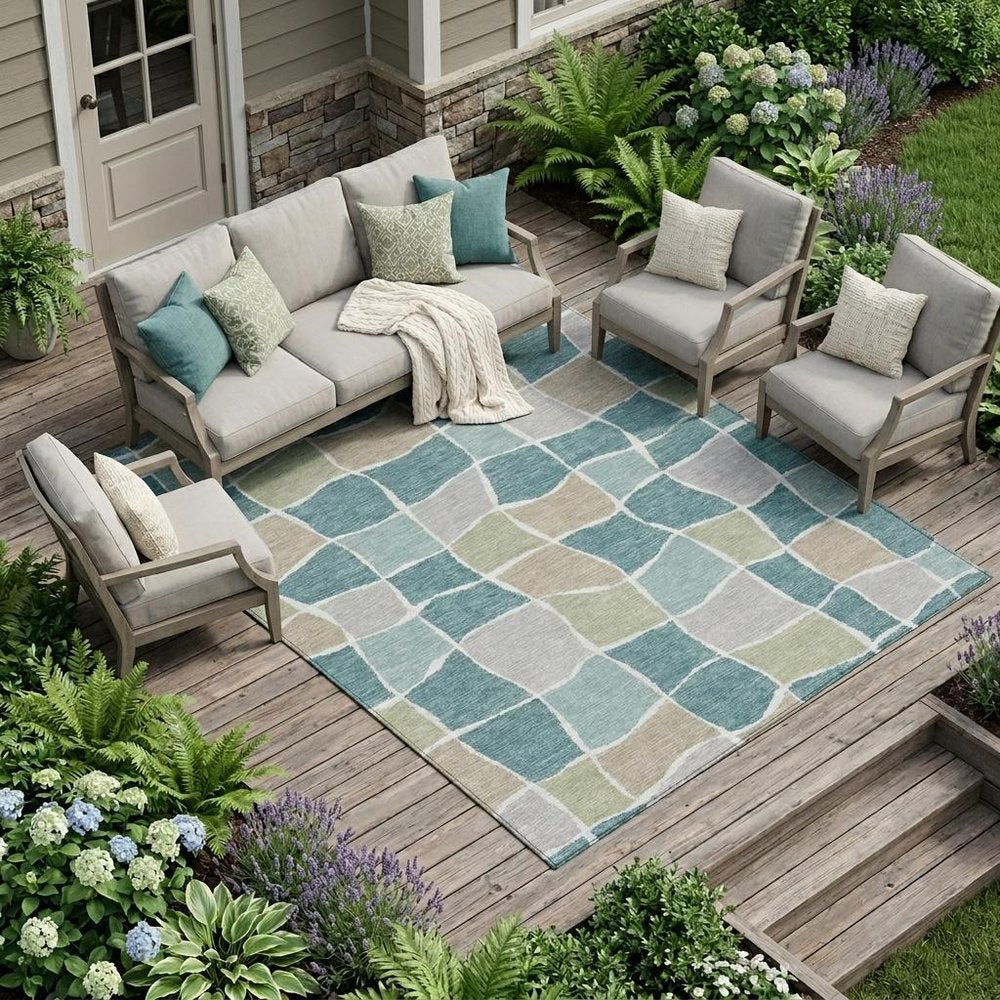 10' X 14' Teal Blue And Silver Geometric Washable Indoor Outdoor Area Rug HomeRoots