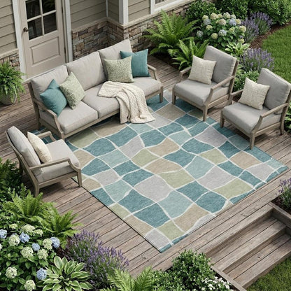 10' X 14' Teal Blue And Silver Geometric Washable Indoor Outdoor Area Rug HomeRoots