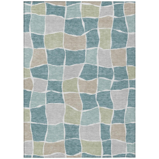 10' X 14' Teal Blue And Silver Geometric Washable Indoor Outdoor Area Rug