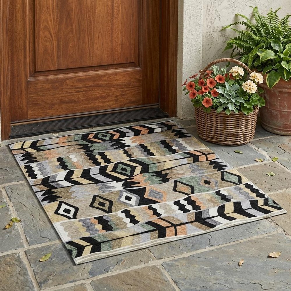 3' X 5' Black And Beige Geometric Washable Indoor Outdoor Area Rug HomeRoots