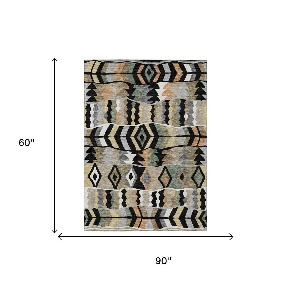 5' X 8' Black And Beige Geometric Washable Indoor Outdoor Area Rug HomeRoots