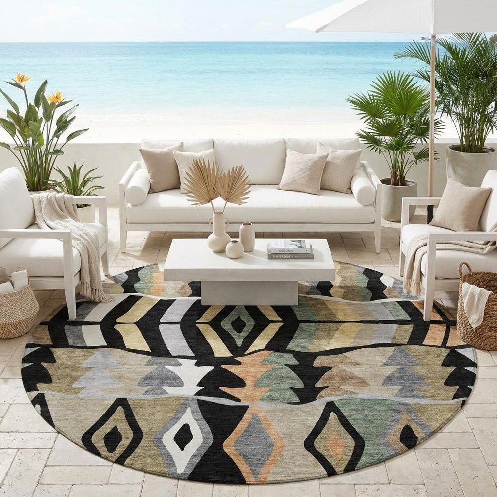 8' Black And Beige Round Geometric Washable Indoor Outdoor Area Rug HomeRoots