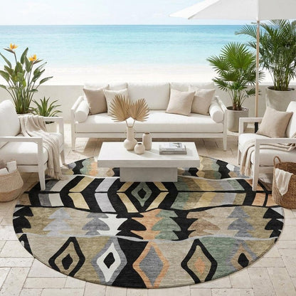 8' Black And Beige Round Geometric Washable Indoor Outdoor Area Rug HomeRoots