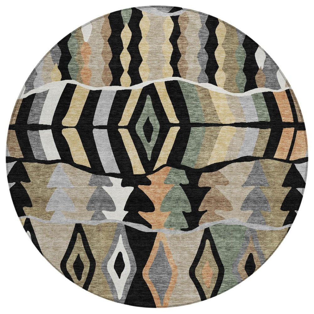 8' Black And Beige Round Geometric Washable Indoor Outdoor Area Rug HomeRoots