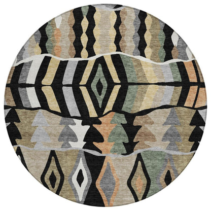 8' Black And Beige Round Geometric Washable Indoor Outdoor Area Rug HomeRoots