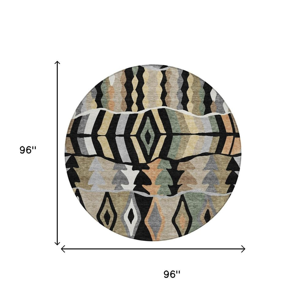 8' Black And Beige Round Geometric Washable Indoor Outdoor Area Rug HomeRoots