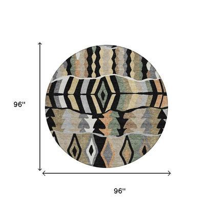 8' Black And Beige Round Geometric Washable Indoor Outdoor Area Rug HomeRoots