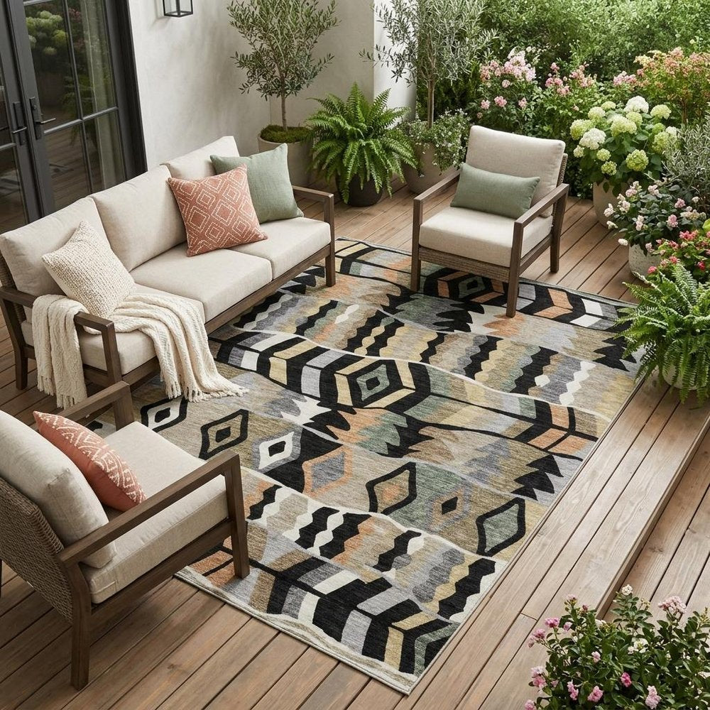 10' X 14' Black And Beige Geometric Washable Indoor Outdoor Area Rug HomeRoots