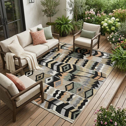 10' X 14' Black And Beige Geometric Washable Indoor Outdoor Area Rug HomeRoots