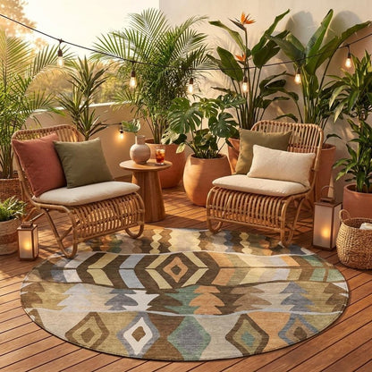 8' Chocolate And Brown Round Geometric Washable Indoor Outdoor Area Rug HomeRoots