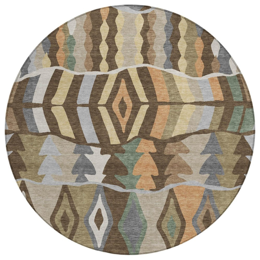 8' Chocolate And Brown Round Geometric Washable Indoor Outdoor Area Rug HomeRoots