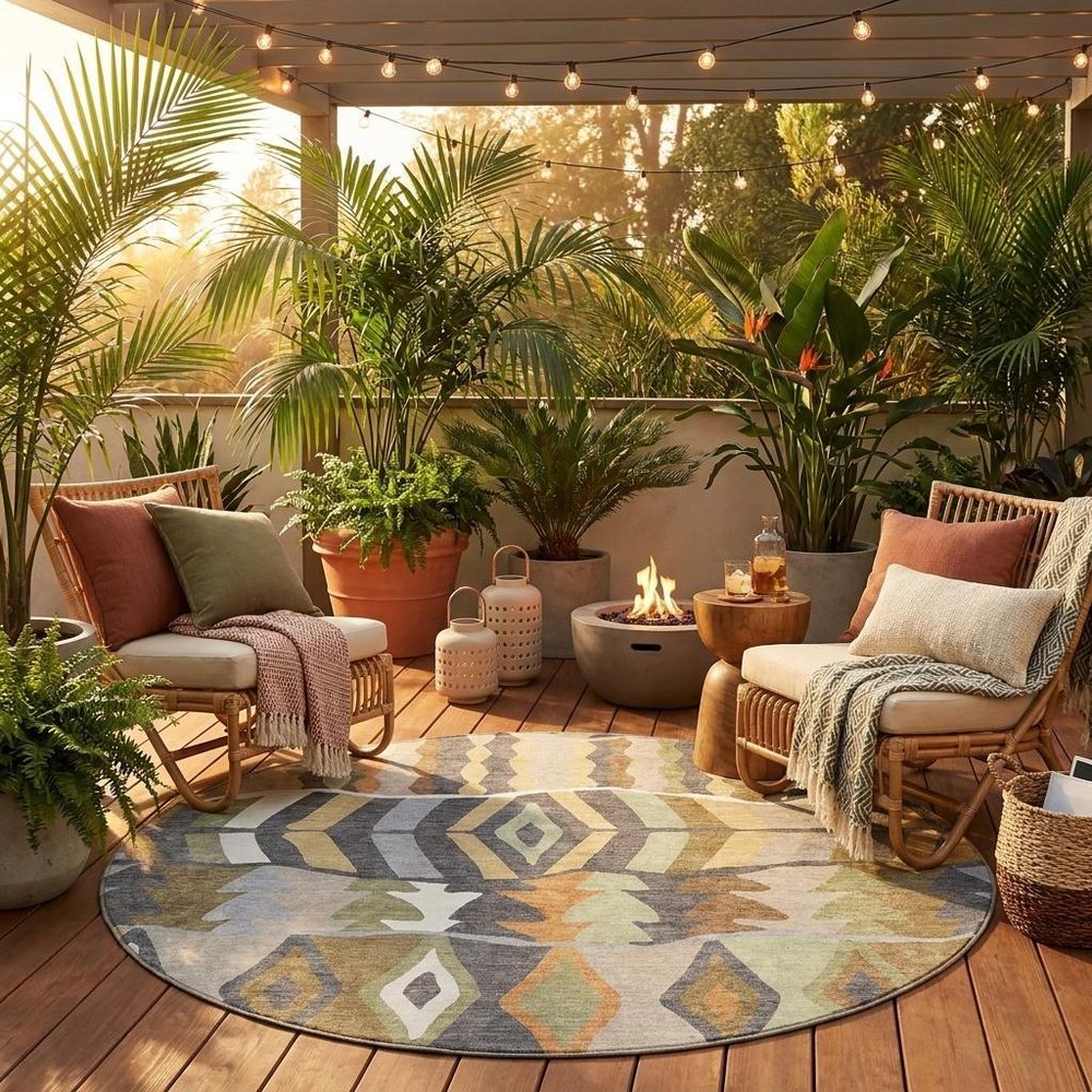 8' Gray And Graphite Round Geometric Washable Indoor Outdoor Area Rug HomeRoots