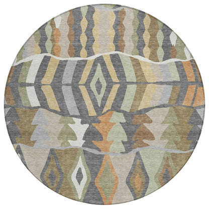 8' Gray And Graphite Round Geometric Washable Indoor Outdoor Area Rug HomeRoots