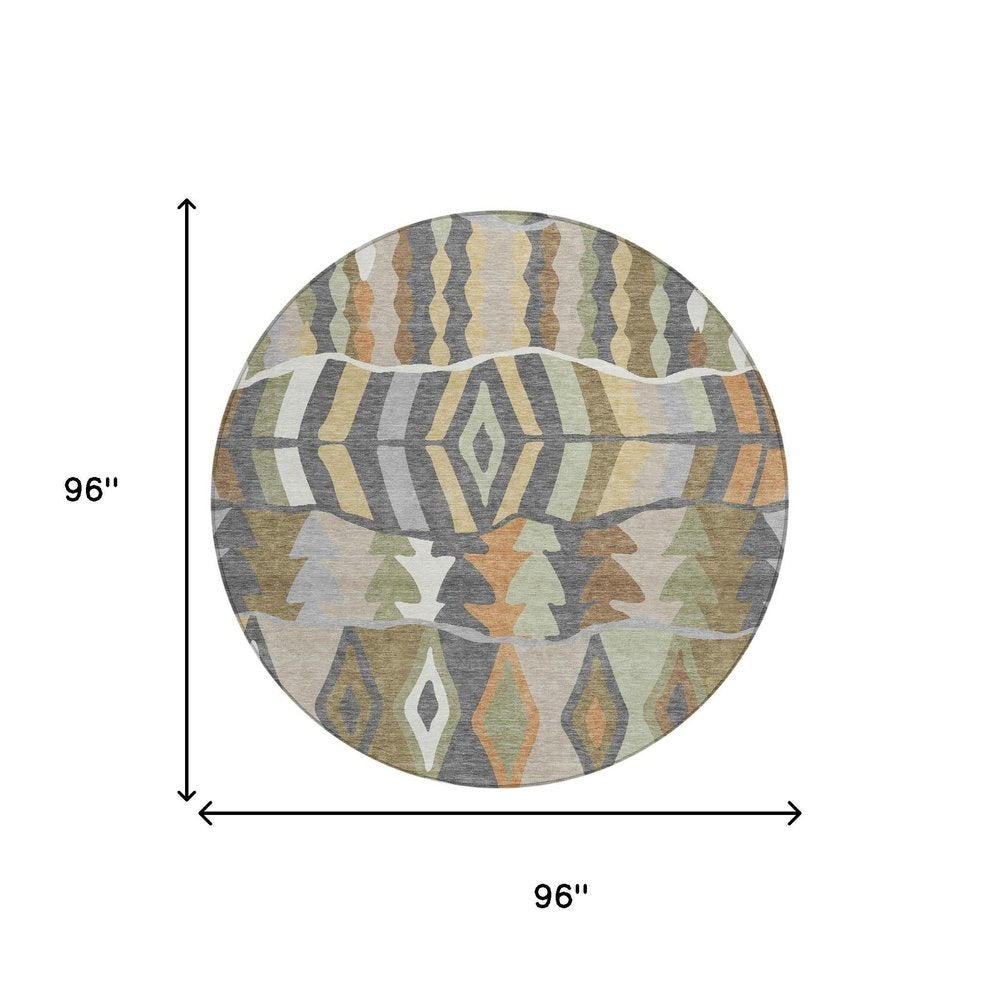 8' Gray And Graphite Round Geometric Washable Indoor Outdoor Area Rug HomeRoots