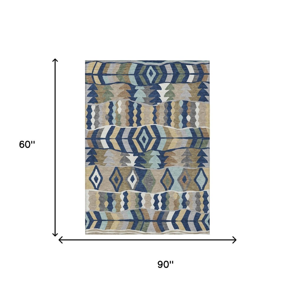5' X 8' Navy Blue And Blue Geometric Washable Indoor Outdoor Area Rug HomeRoots