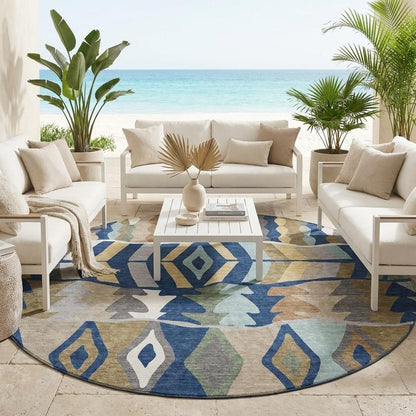 8' Navy Blue And Blue Round Geometric Washable Indoor Outdoor Area Rug HomeRoots