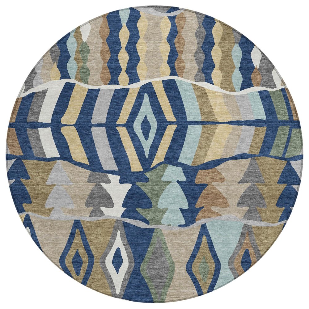 8' Navy Blue And Blue Round Geometric Washable Indoor Outdoor Area Rug HomeRoots