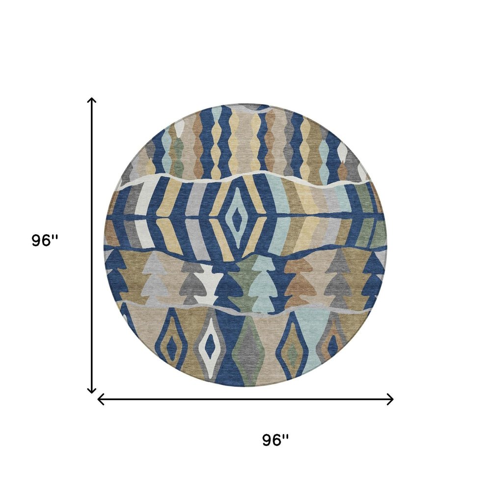 8' Navy Blue And Blue Round Geometric Washable Indoor Outdoor Area Rug HomeRoots