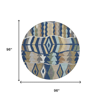 8' Navy Blue And Blue Round Geometric Washable Indoor Outdoor Area Rug HomeRoots